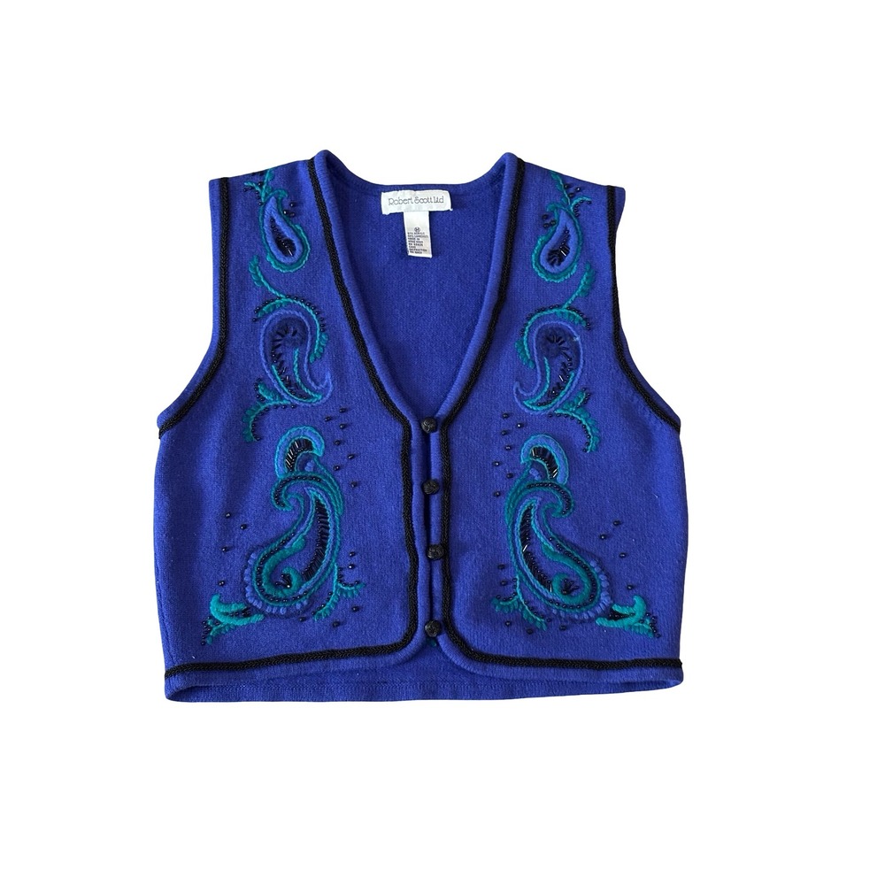 Robert Scott Ltd Vintage Blue Embroidered Beaded Lambswool Knit Vest Medium
